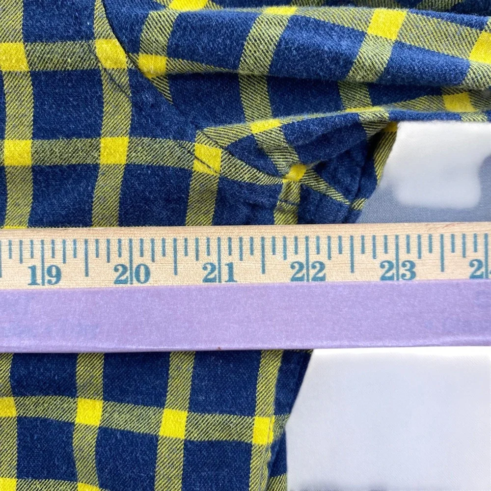 Banana Republic‎ Mens Luxe Flannel Shirt Navy Yellow Plaid Untucked Slim Fit L